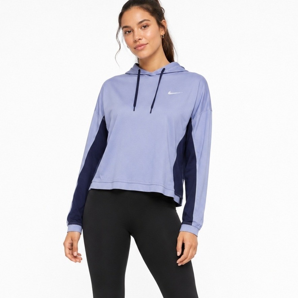 Nike Therma-FIT Womens Lavender Navy Colorblock Hoodie Cropped Athletic Pullover